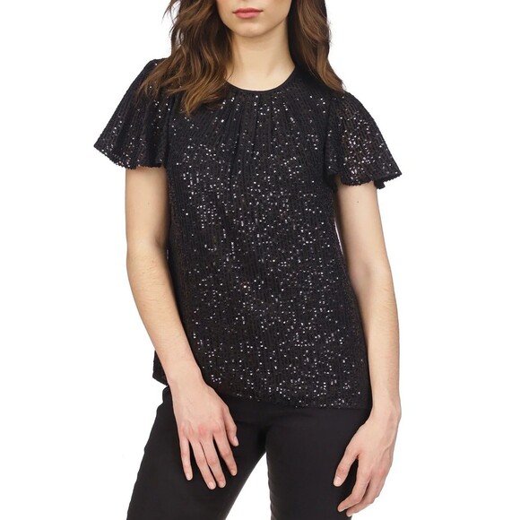 Michael Kors Women's Sequin Flutter-Sleeve Cocktail Holidays Blouse Top Petite M - Picture 1 of 10
